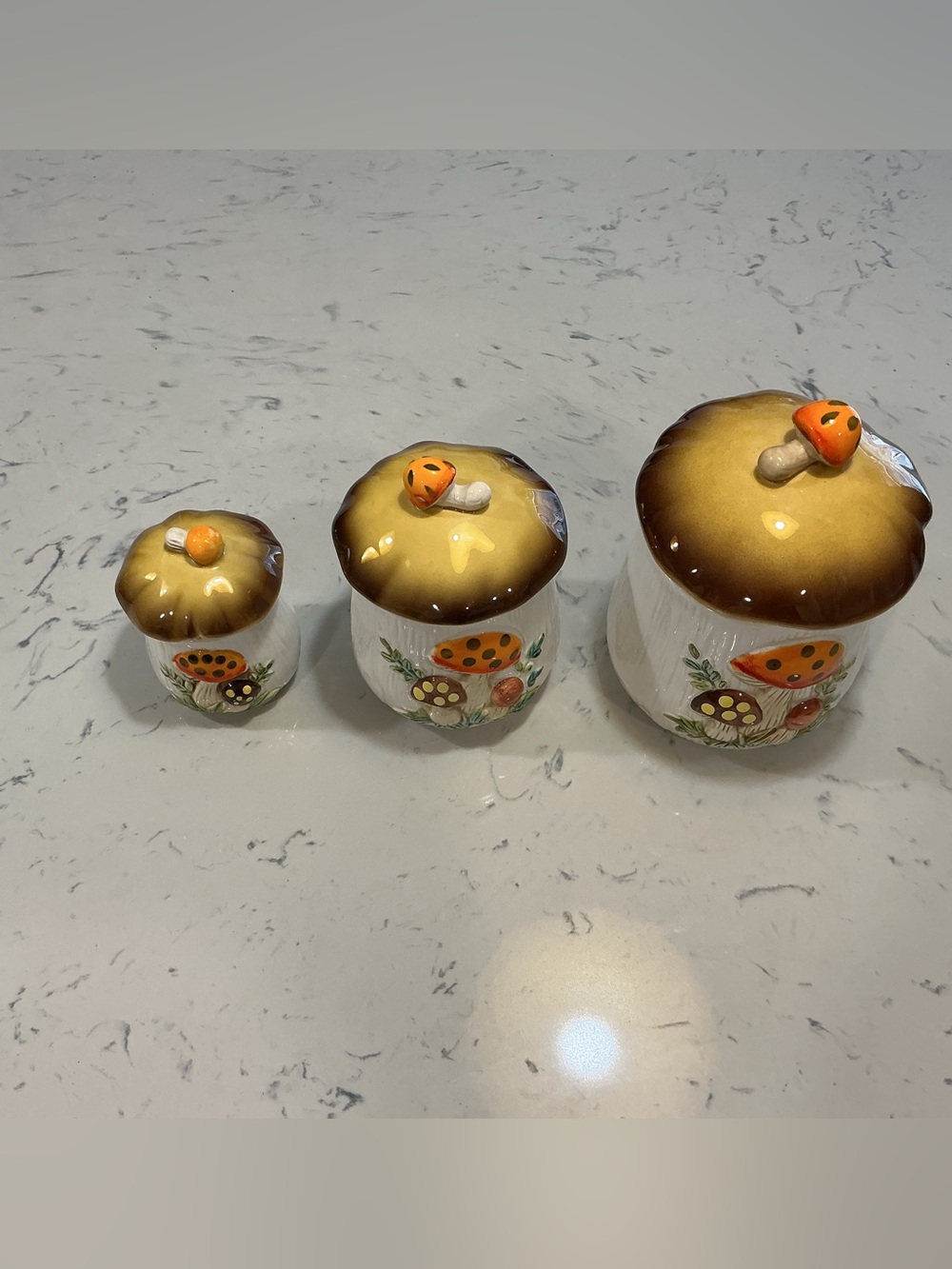 Vintage Ceramic Merry Mushroom Pattern Canister Set of 3 with Lids, Sears 1978 - Picture 2 of 11